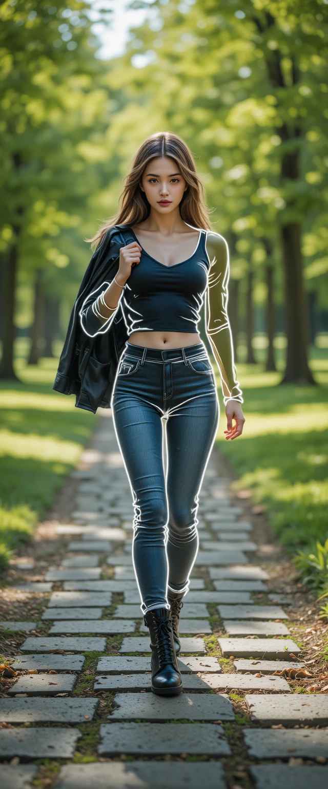 Young woman walking through a lush green park pathway