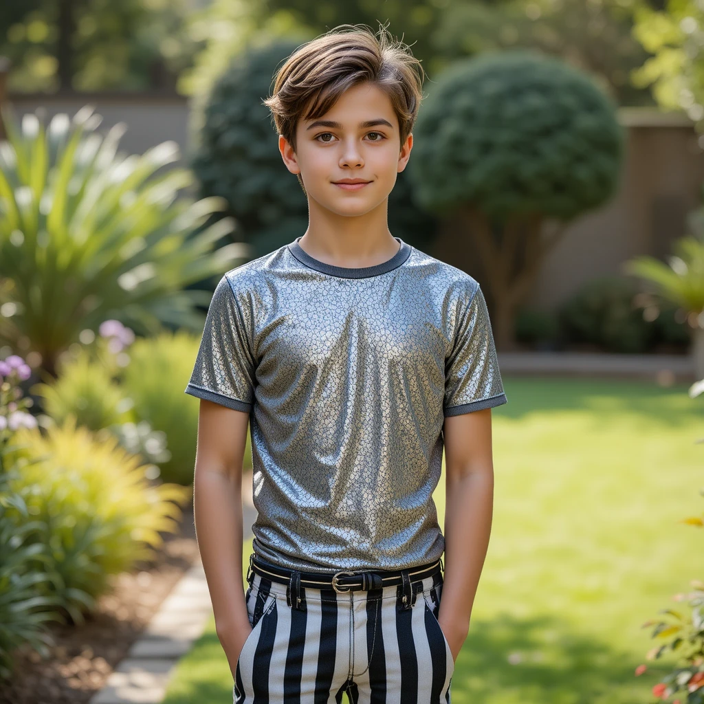 Giovane uomo con pantaloni a righe in piedi in un giardino