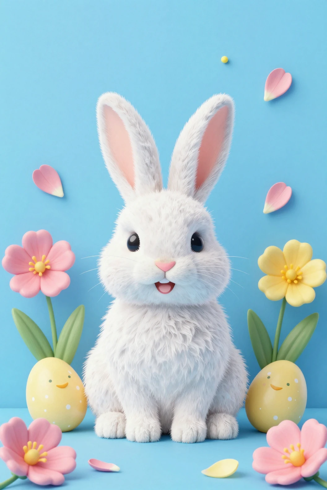 Cheerful Easter rabbit with spring flowers on blue background