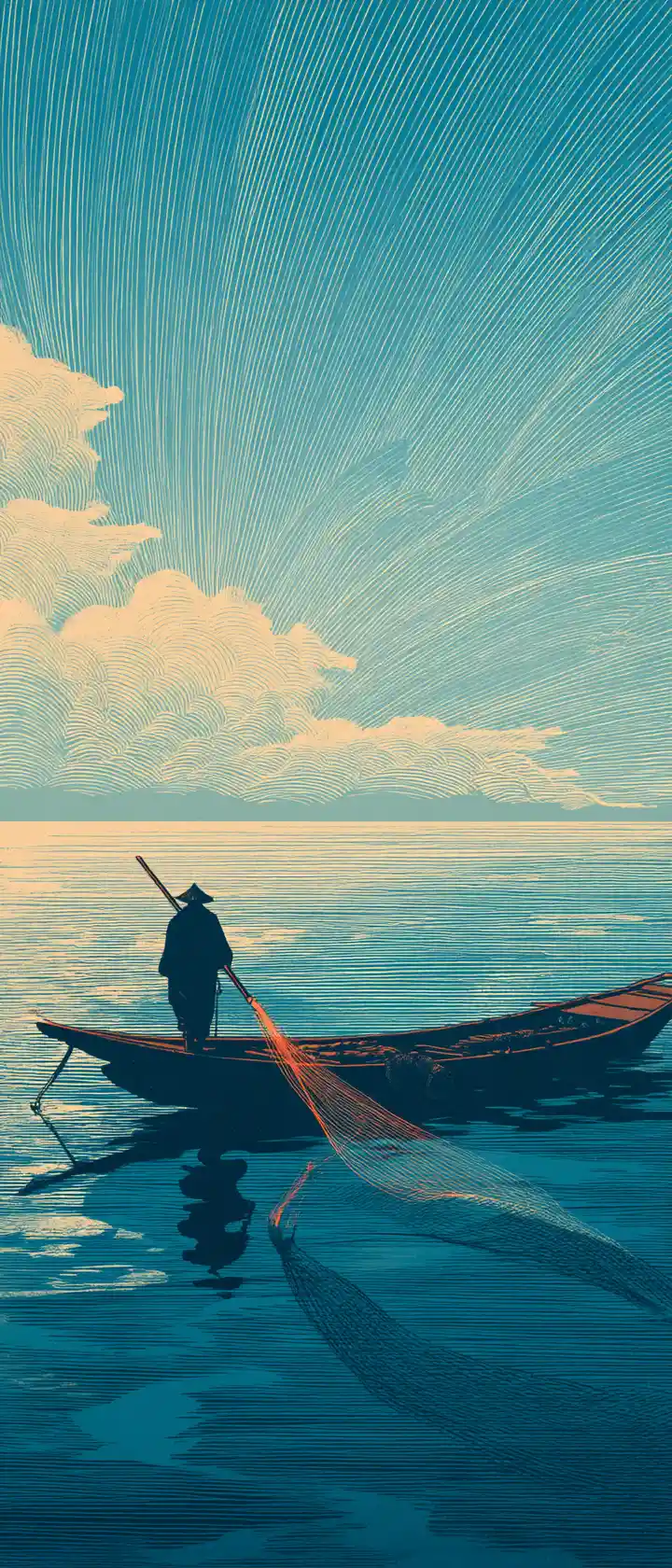 漁夫帶著空網與平和微笑返航回家