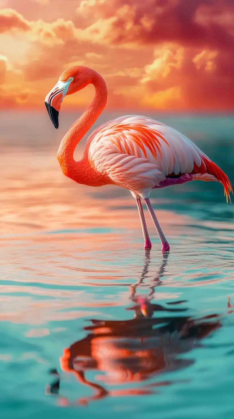 Elegant flamingo in glowing turquoise water at sunset