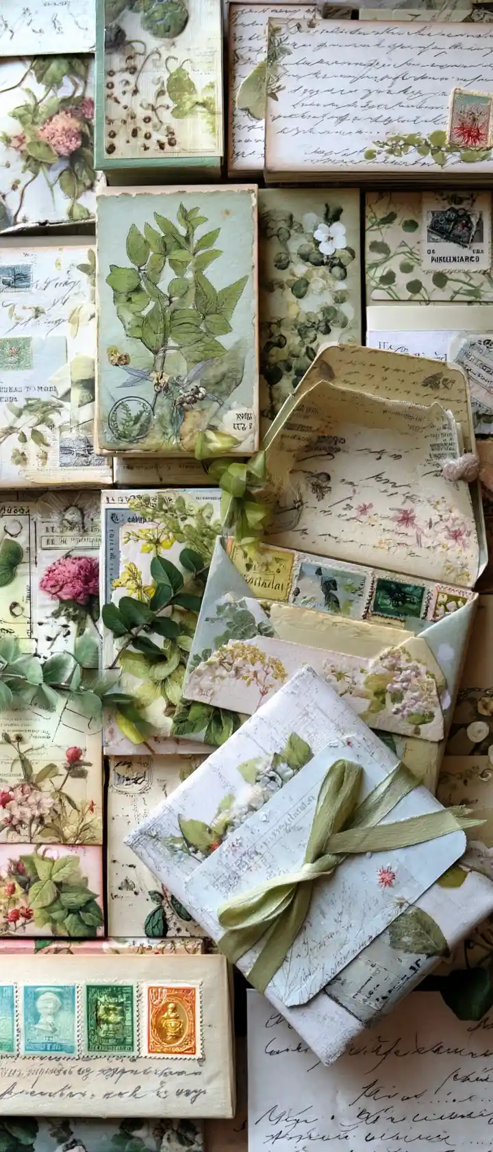 Lettere vintage che traboccano da una busta in un giardino nascosto