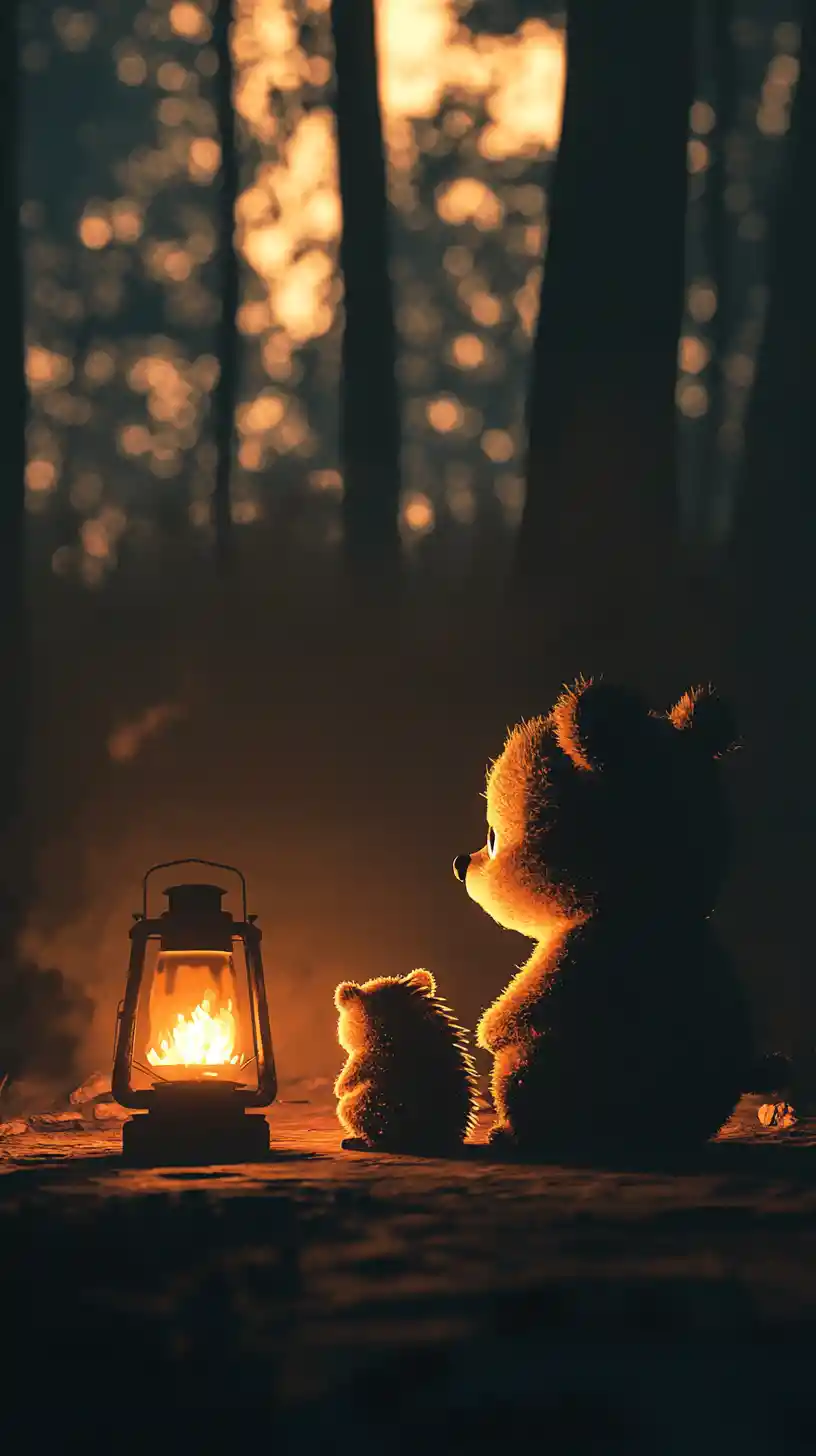 Orsetto di peluche e riccio cartoon accanto a un falò oscuro