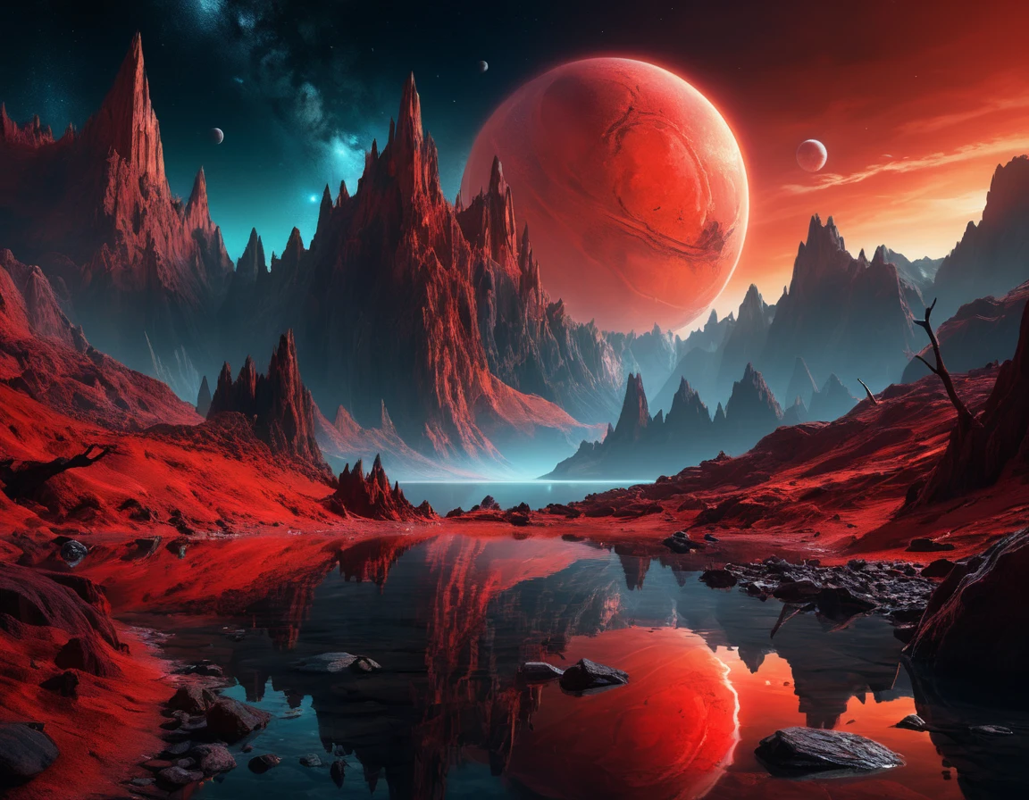 Planeta rojo brillante sobre montañas puntiagudas y lago