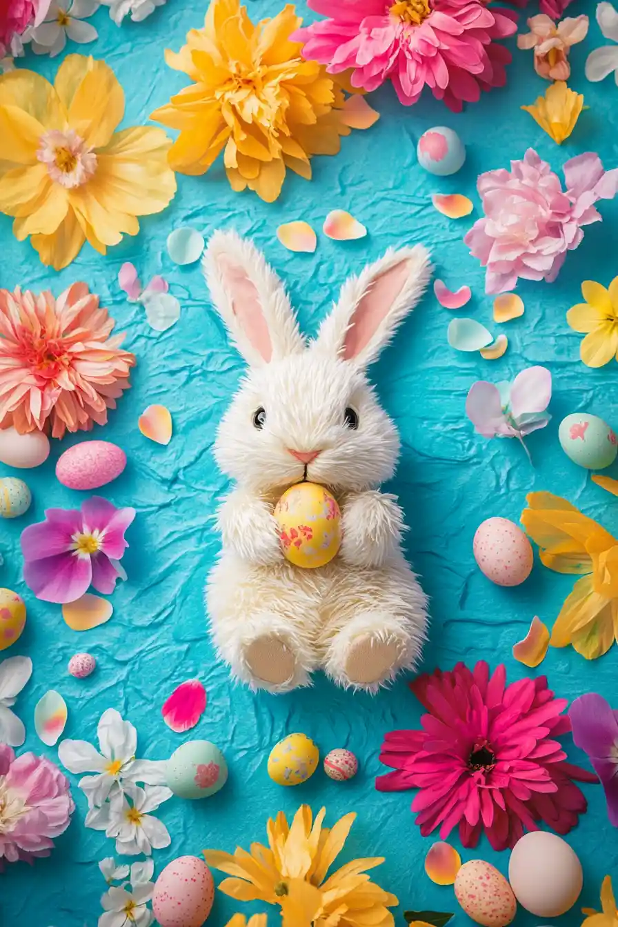 Cheerful Easter rabbit with spring flowers on blue background