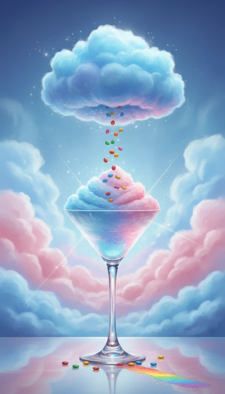 Whimsical Cotton Candy Martini With Falling Skittles Candy
