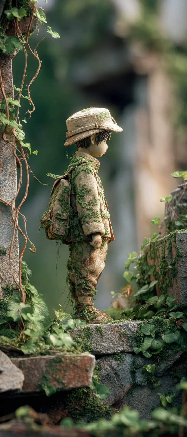 Toy soldier standing in vine covered ancient stone ruins