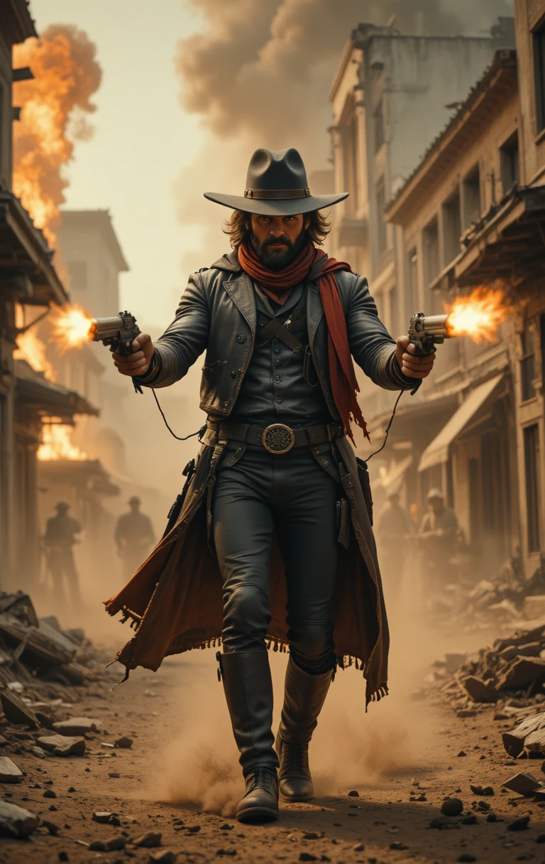 Vaquero rudo disparando dos pistolas en una calle en llamas