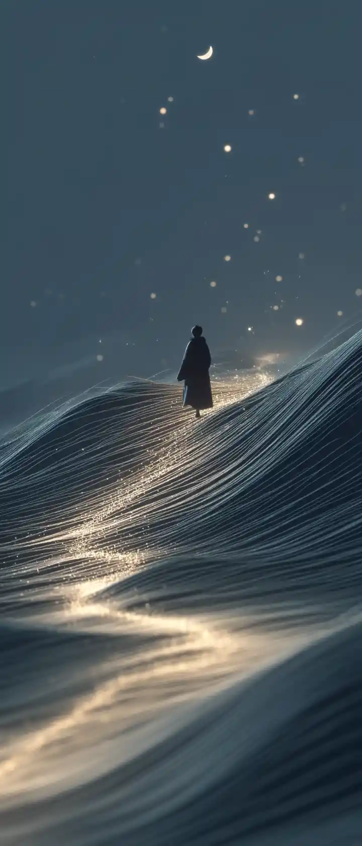 Nómada solitario caminando entre dunas del desierto bajo la luz de la luna