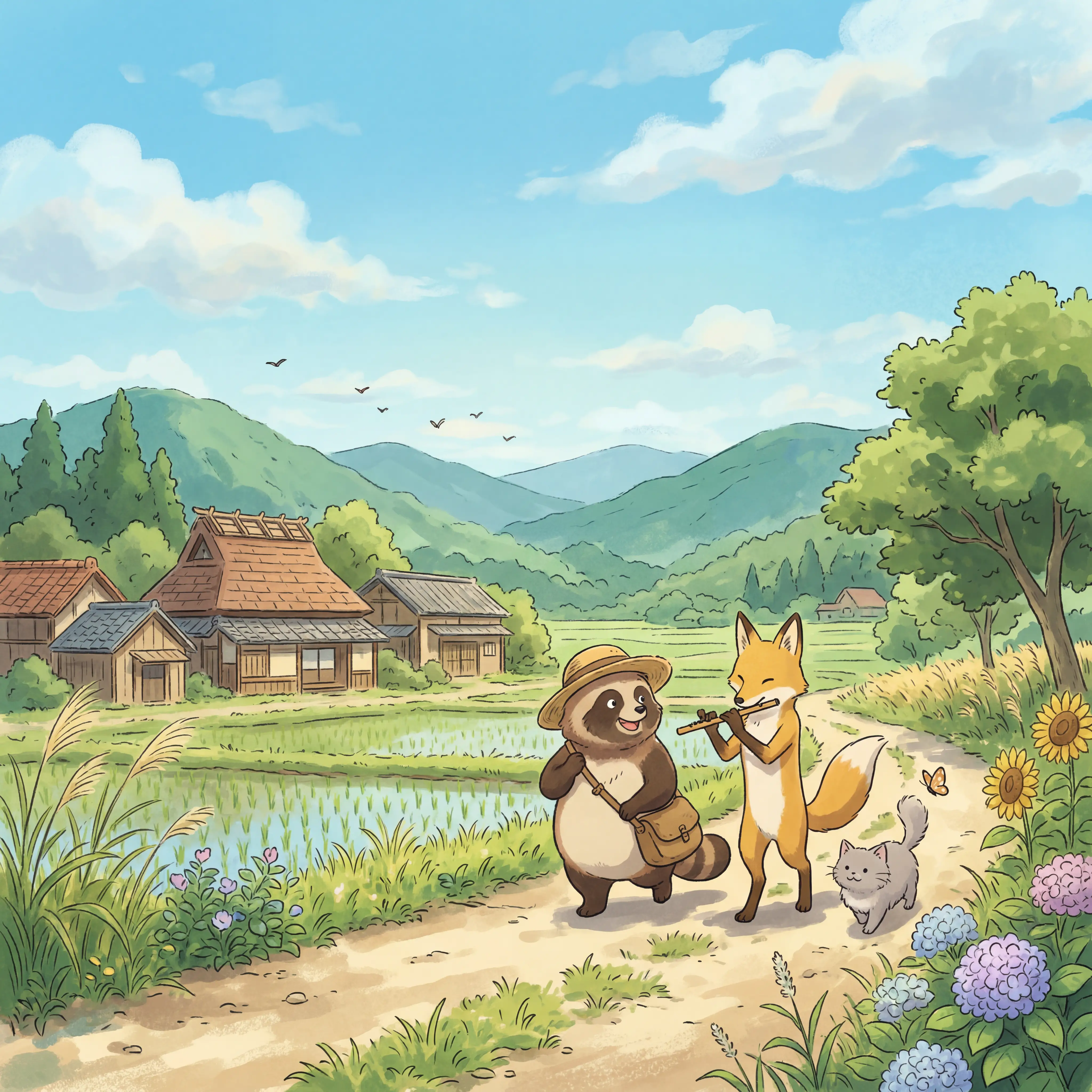 Cute illustration of a tanuki, a fox playing a flute, and a cat walking through a rural village.