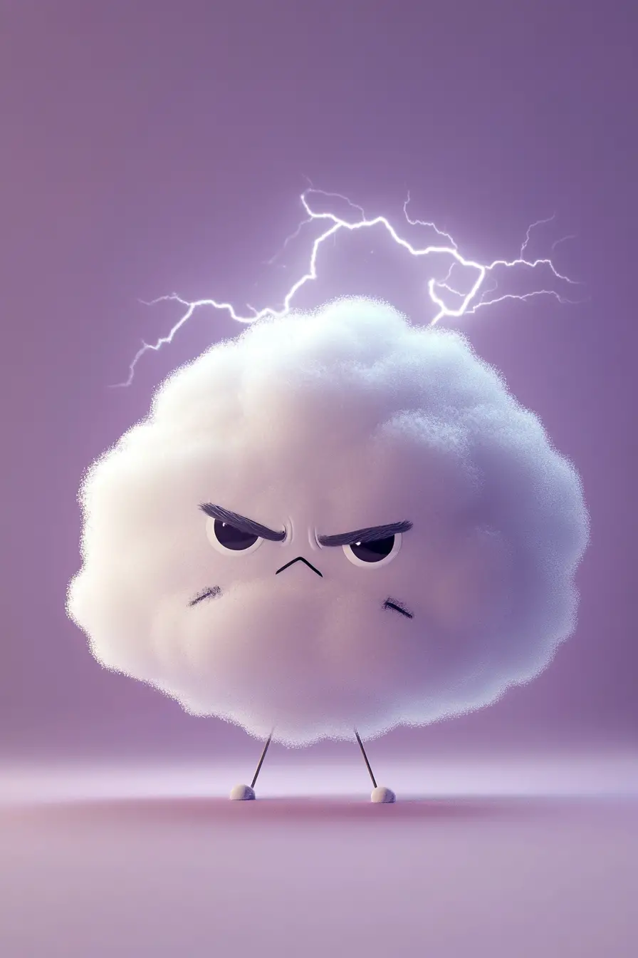 Judgmental cartoon cloud sticker with soft lavender glow