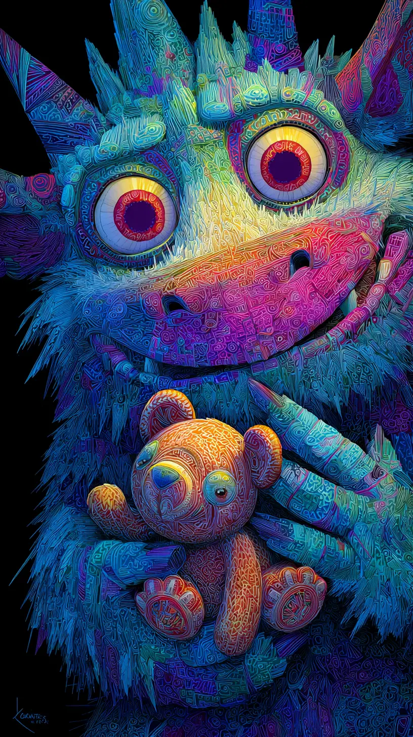 Cute fluffy monster holding a matching teddy bear illustration