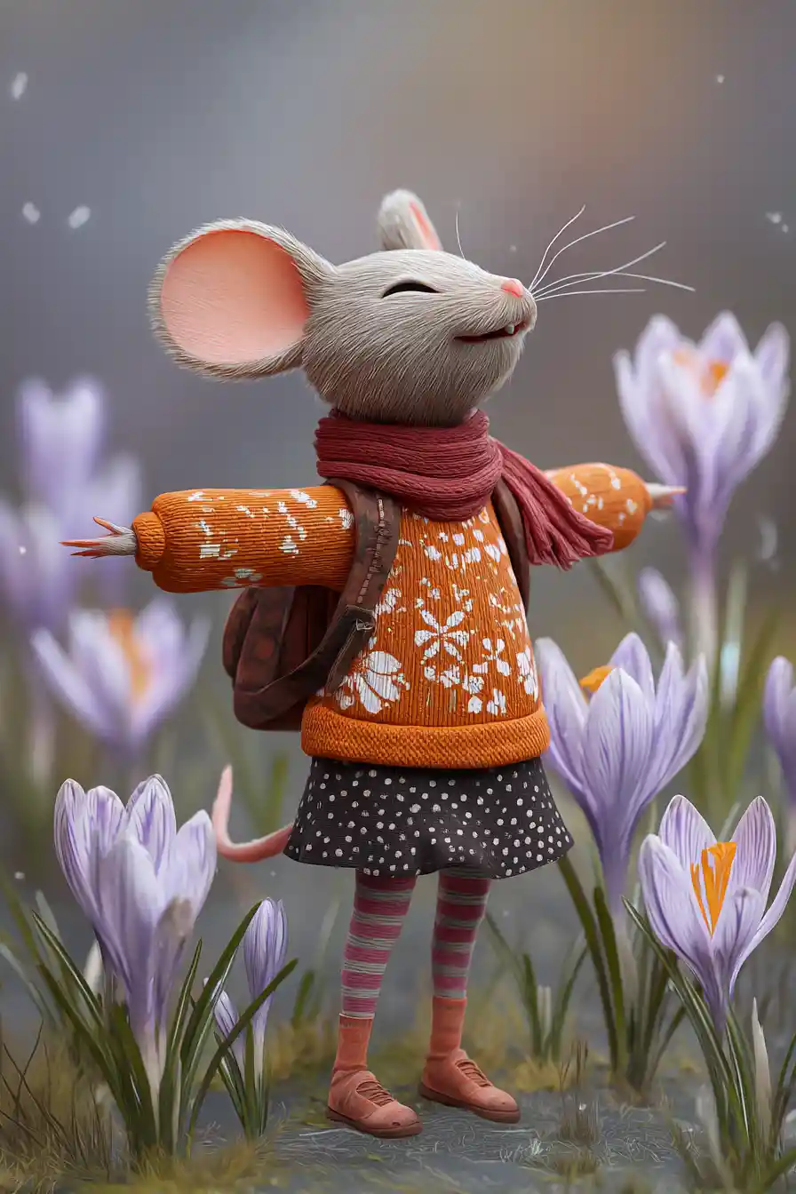 Anthropomorphic mouse girl walking in a spring park