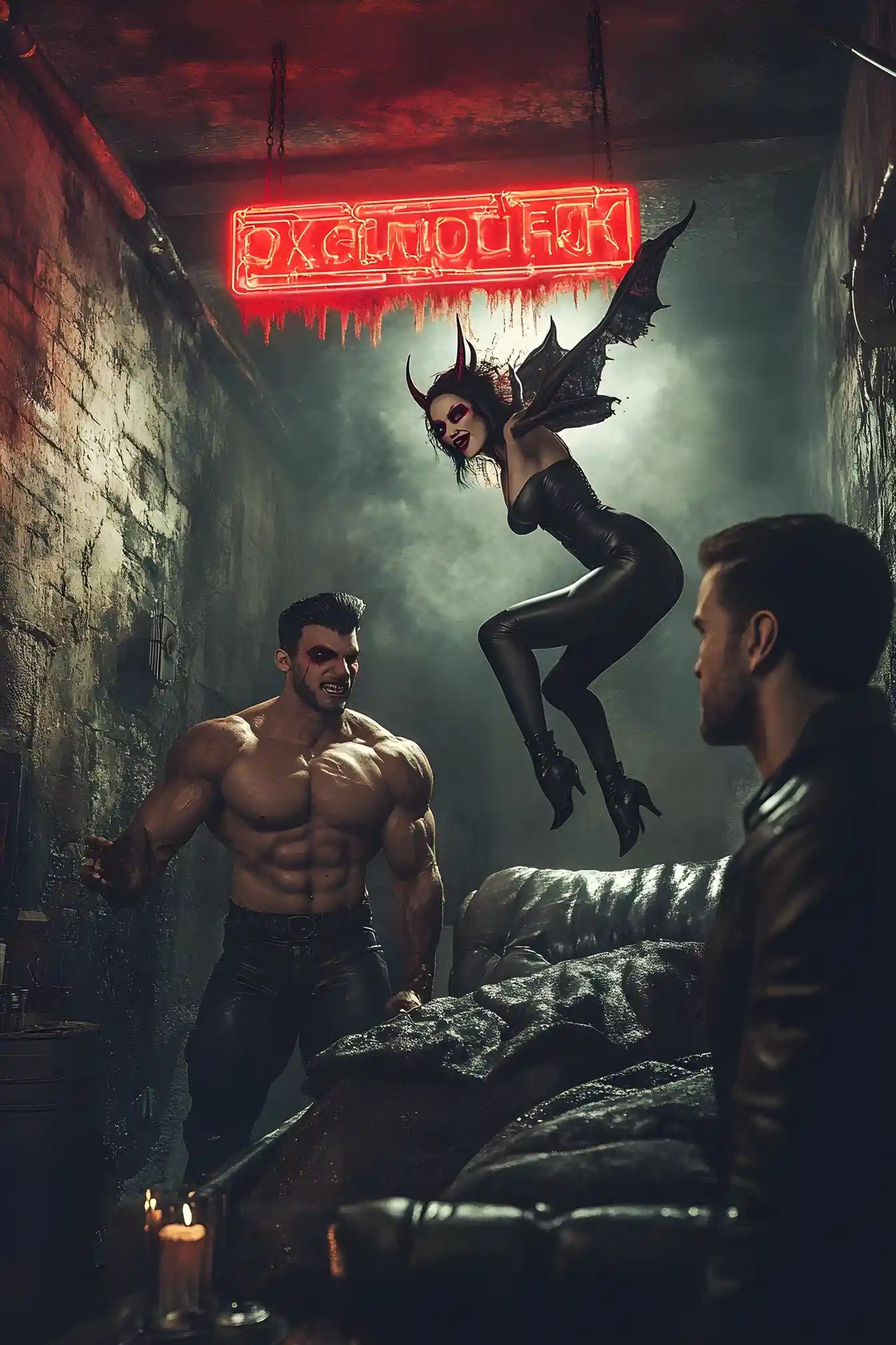 Sinister woman in leather in a dim dungeon room