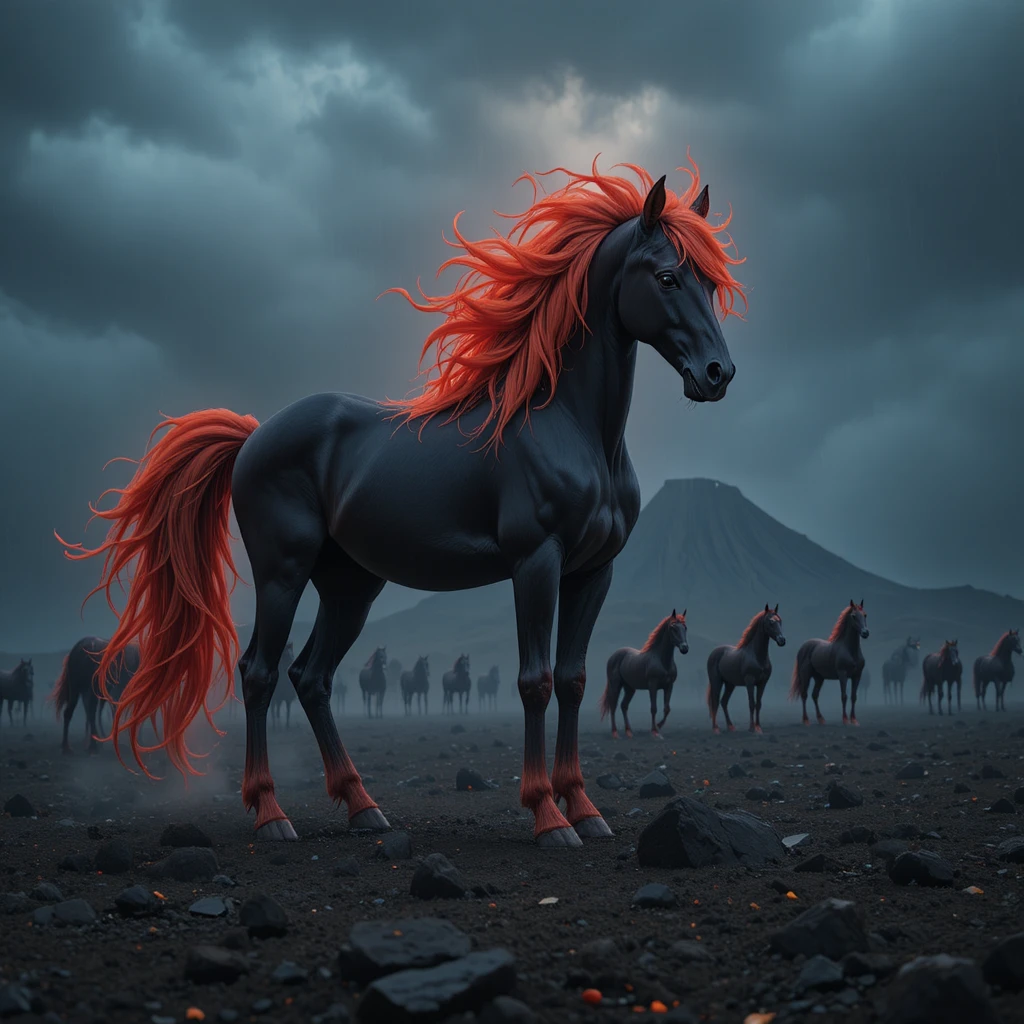 Black horse with flaming red mane near dormant volcano