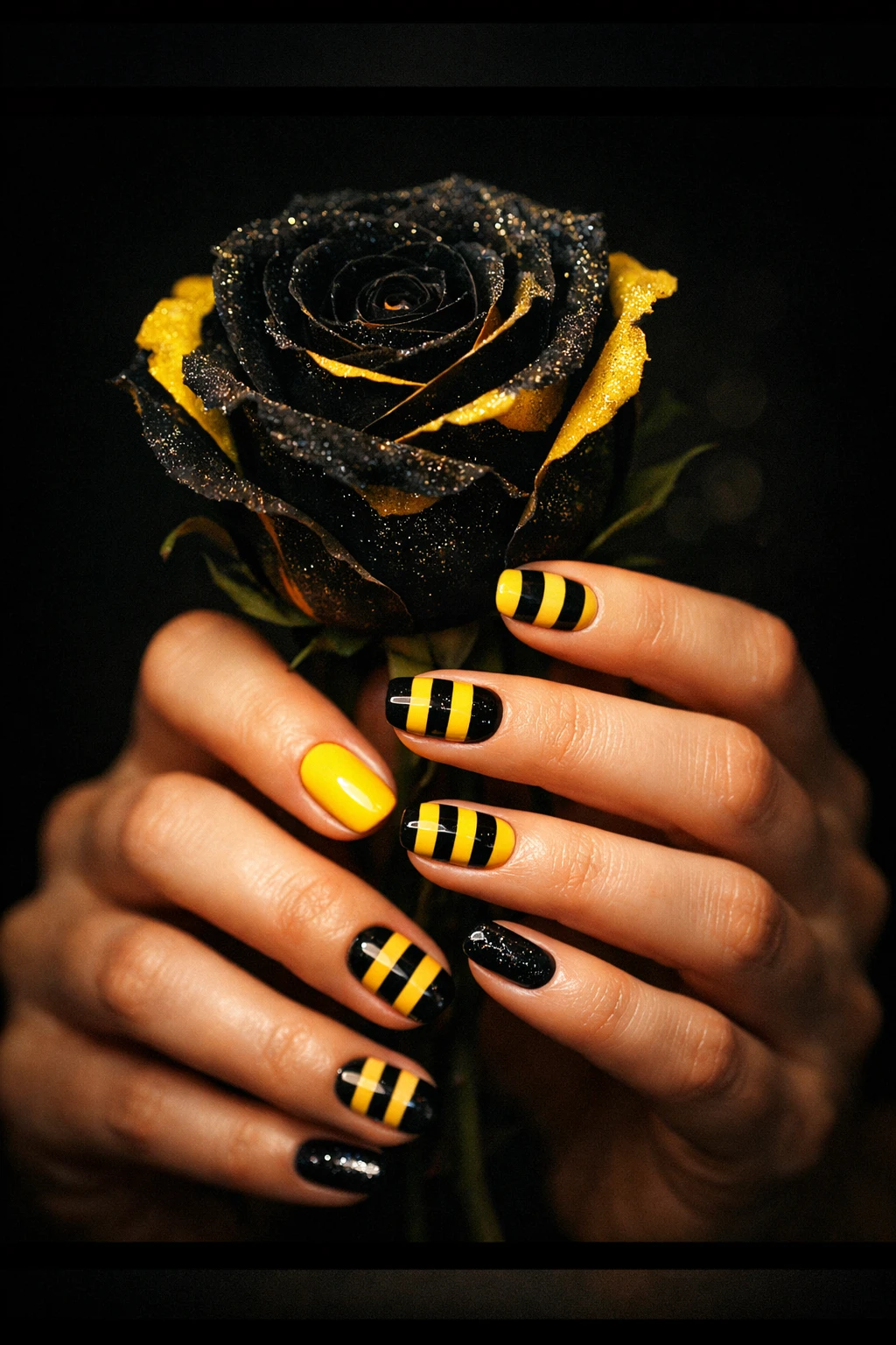 Close up of female hands with bee inspired nail art