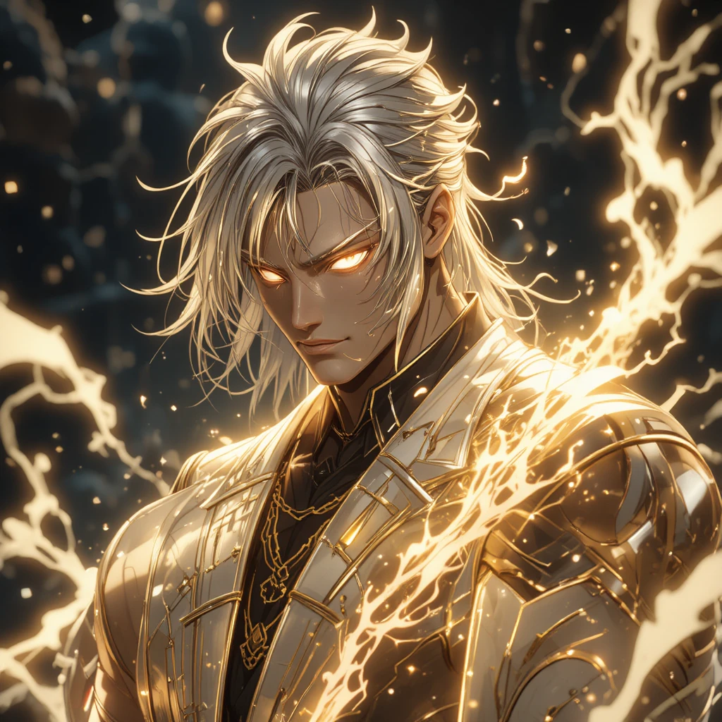 Hombre de anime alto con cabello plateado brillante y ojos dorados
