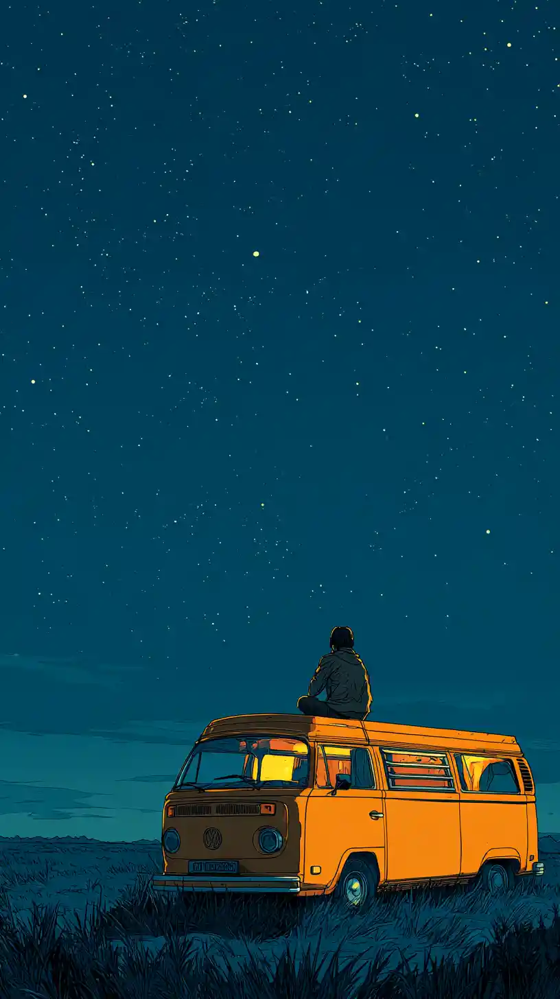 Uomo che medita sul tetto di un furgone sotto un cielo notturno stellato