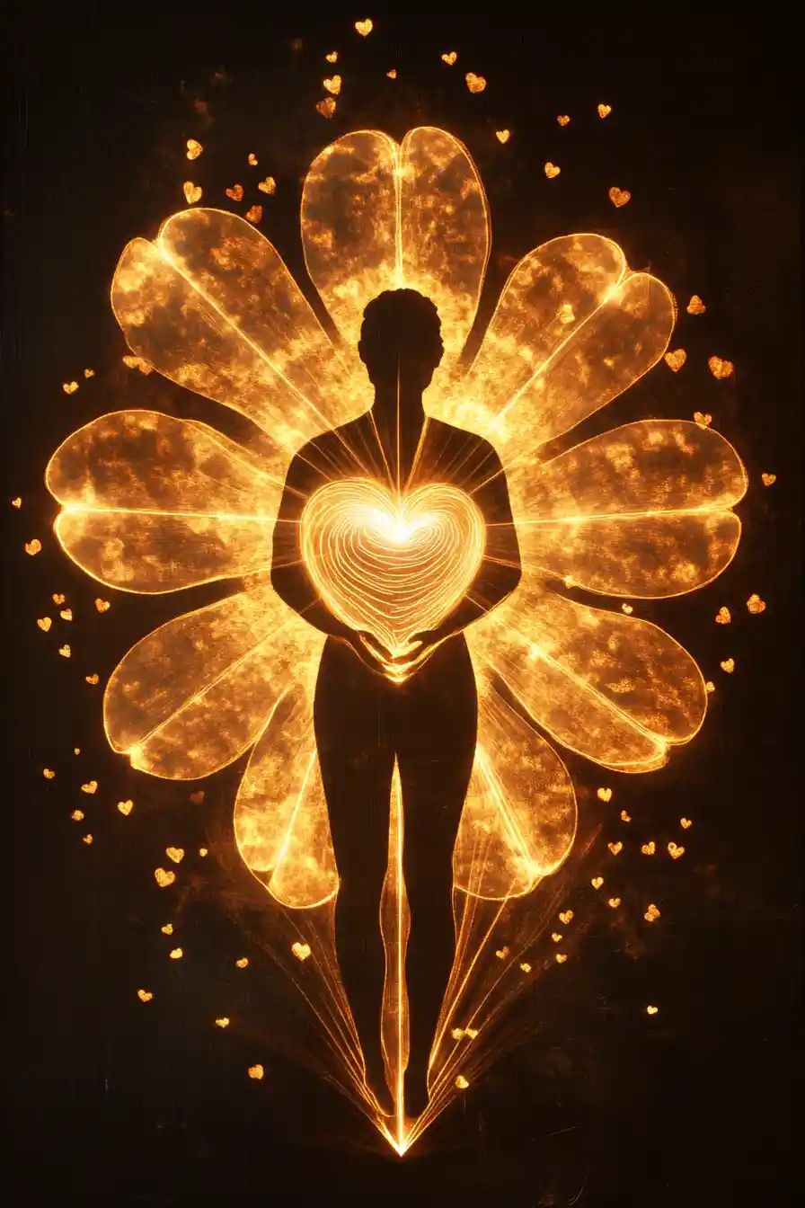 Golden rose light blooming softly around a central figure