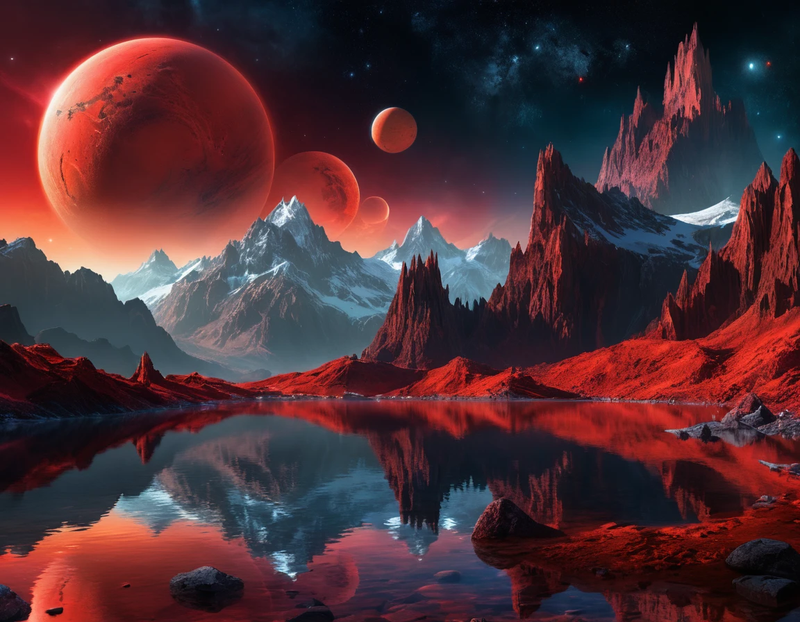 Planeta rojo resplandeciente sobre montañas afiladas y lago silencioso