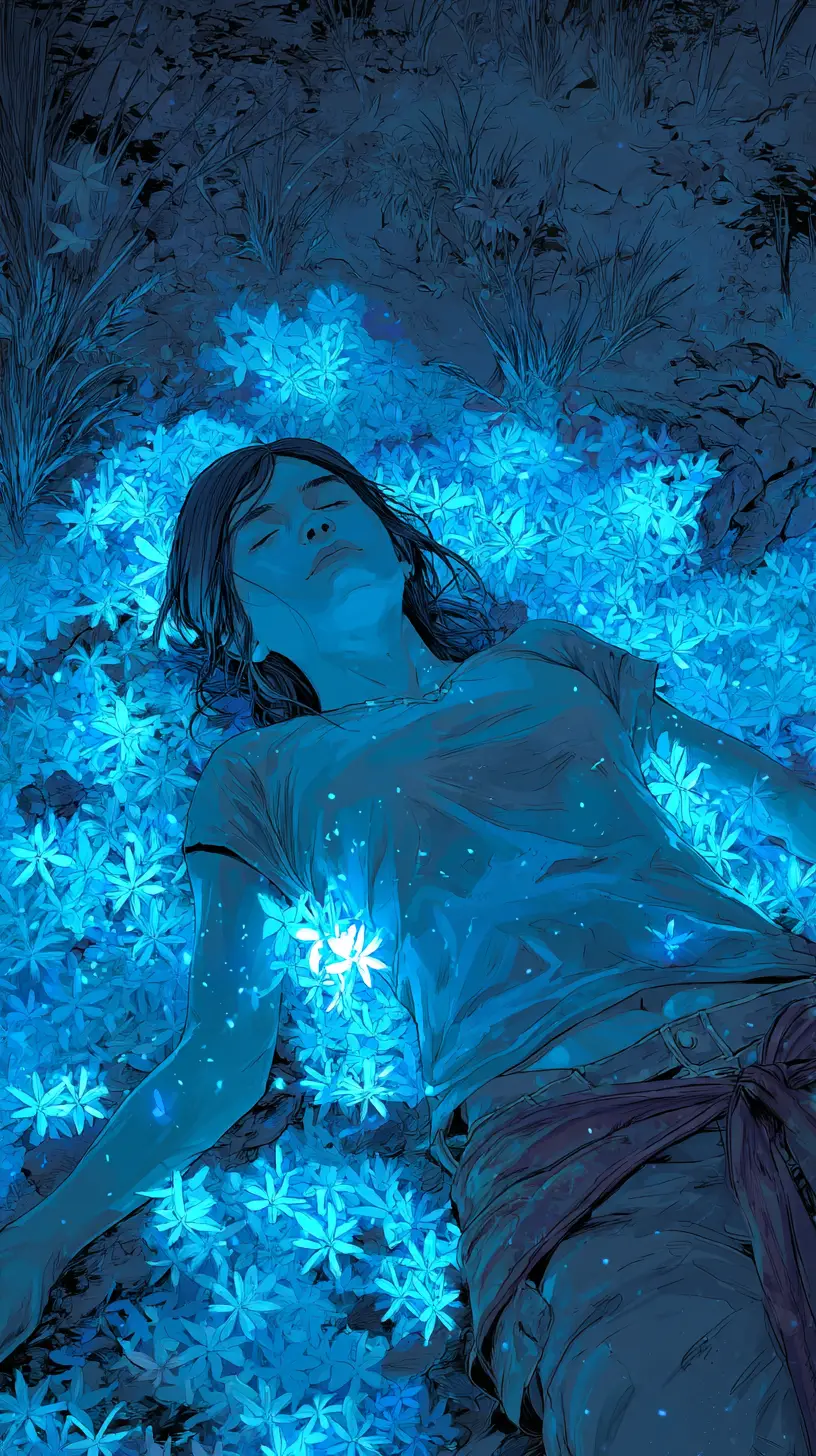 Melancholic girl under bioluminescent stars in the night sky