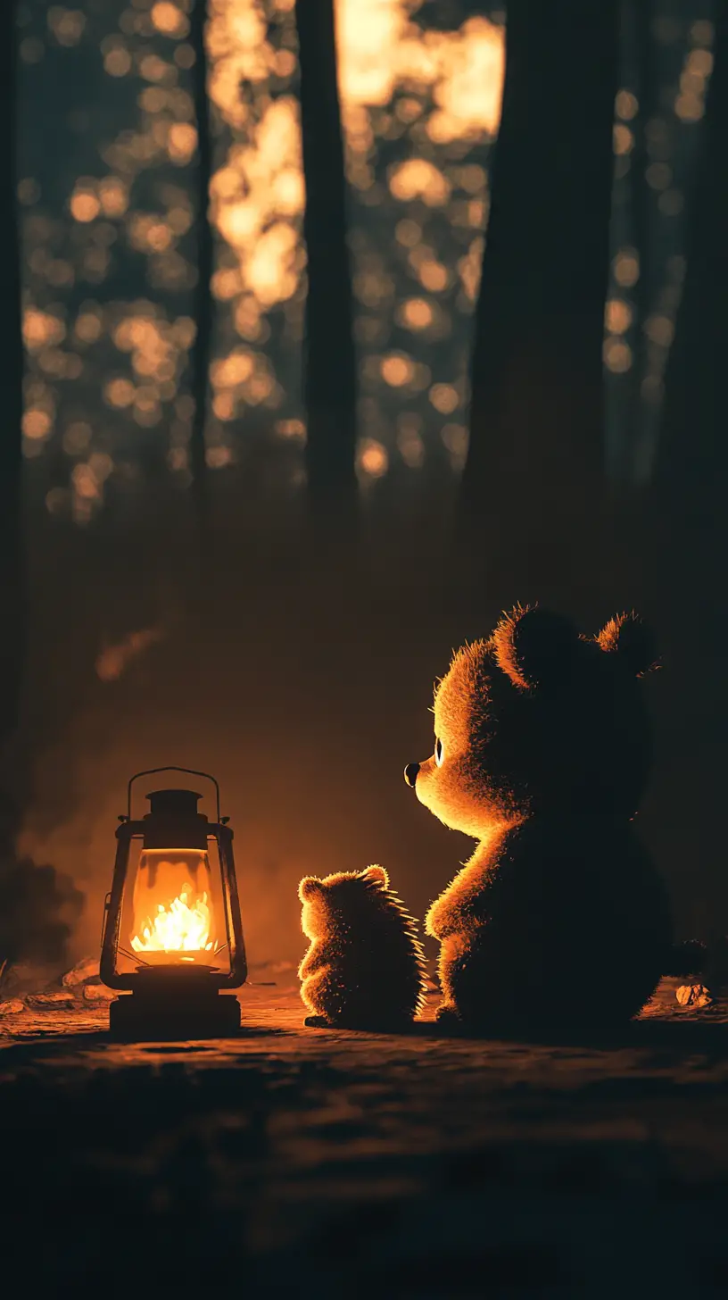 Cartoon teddy bear and hedgehog by a dark campfire