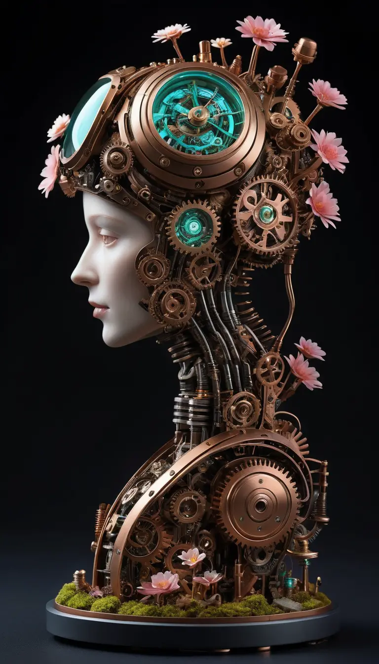 Testa di robot steampunk con un minuscolo giardino meccanico