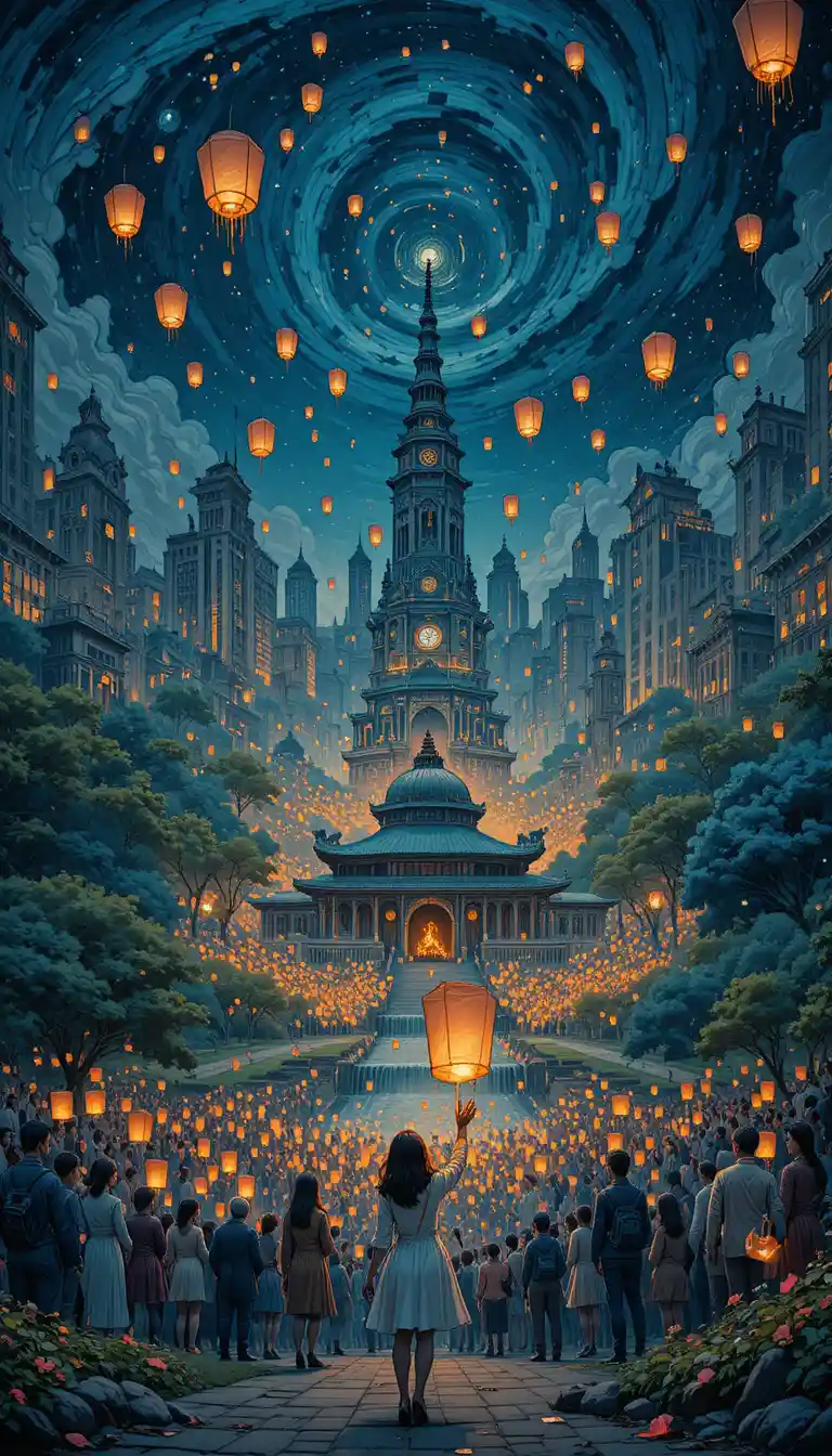 Girl releasing glowing lanterns in a sci fi city park