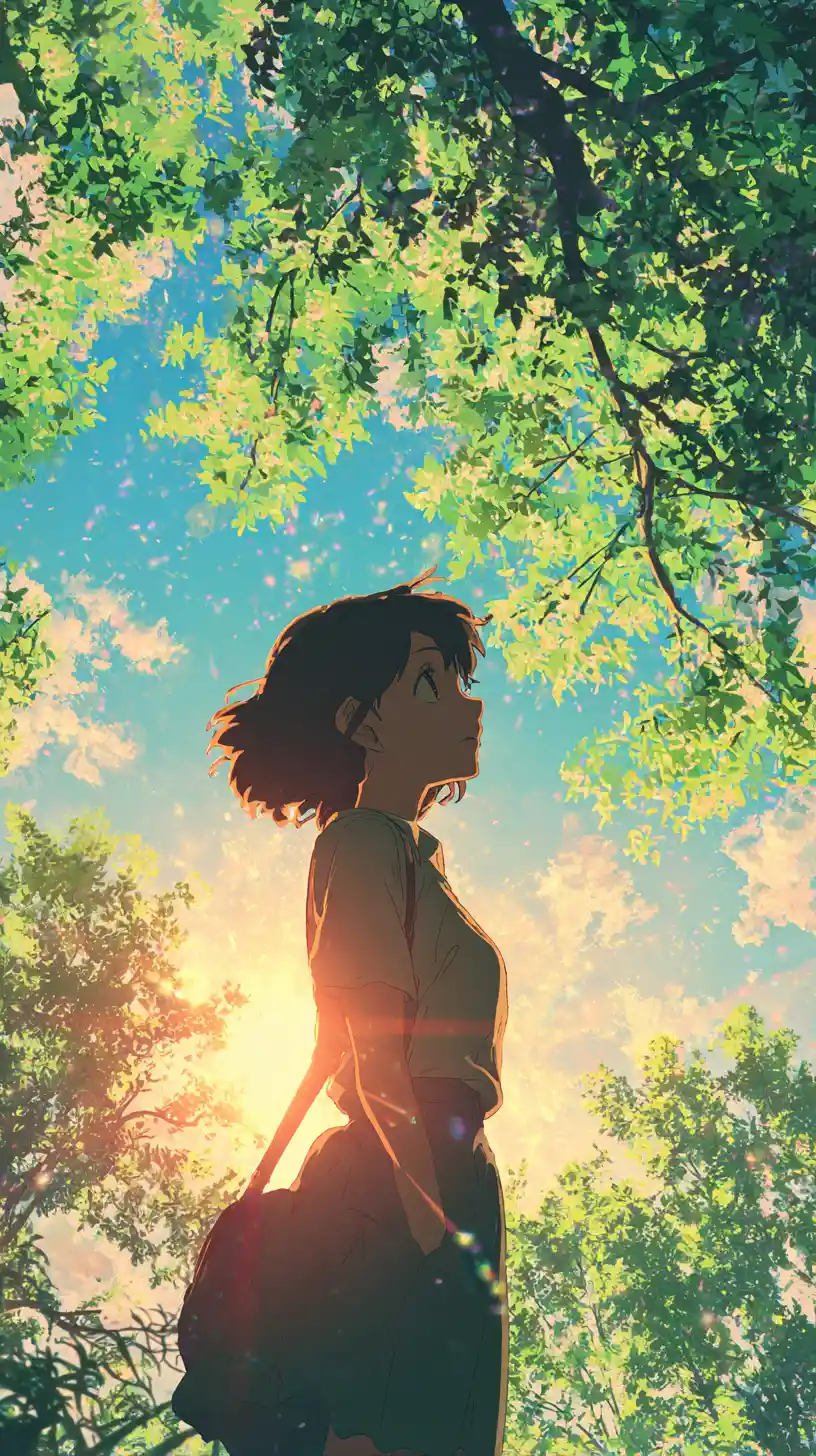 Anime girl standing in bright spring sunlight outdoors