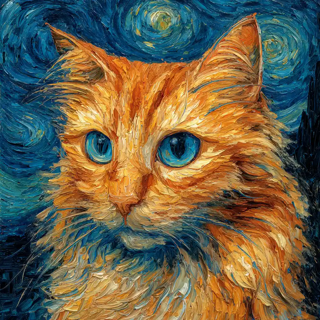 Ritratto di gatto post-impressionista con sfondo blu vorticoso