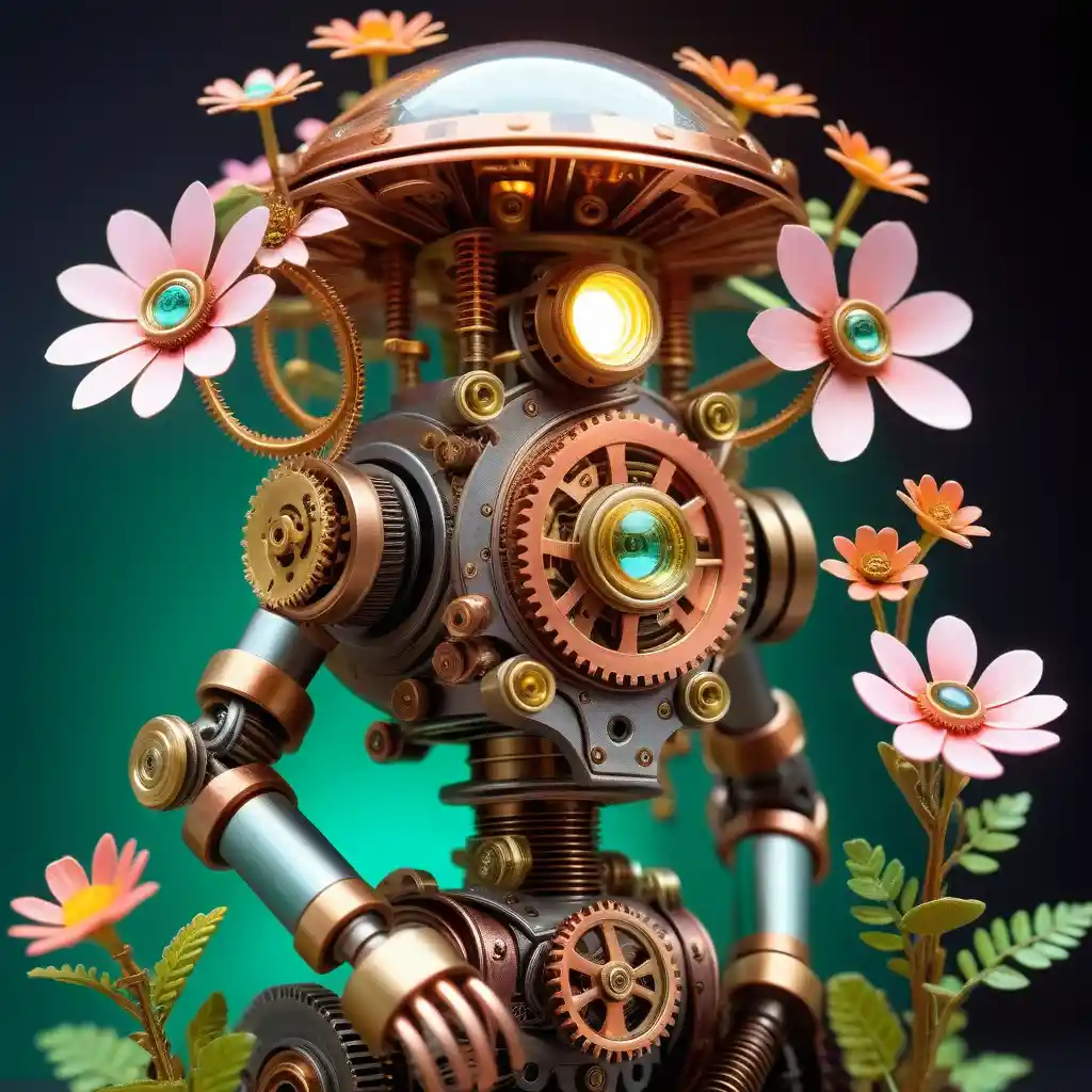 Giardino a ingranaggi che fiorisce sopra la testa di un robot meccanico