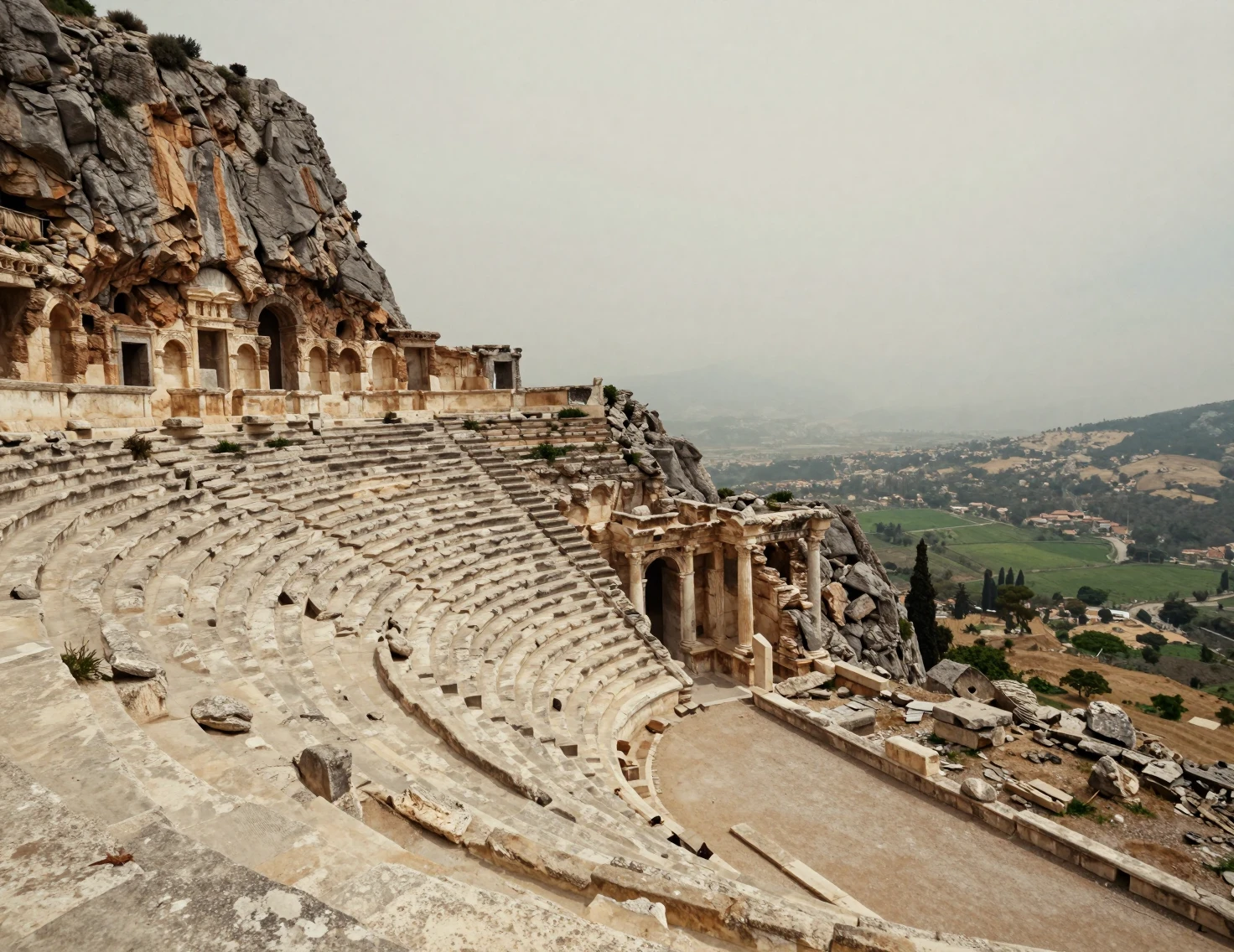 Ancient cliffside amphitheater above a misty valley