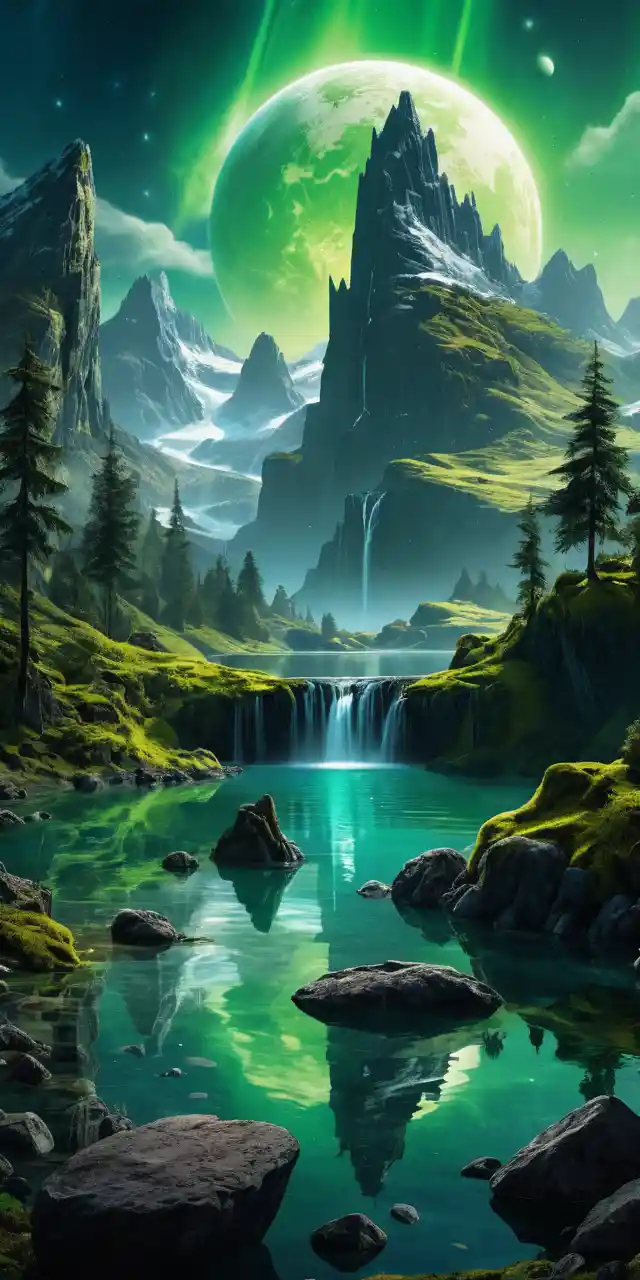 Green planet over spiky mountains and reflective lake