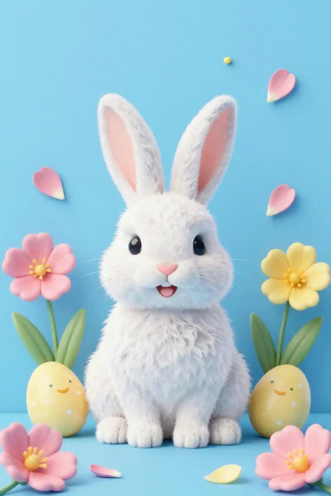 Cheerful Easter rabbit with spring flowers on blue background