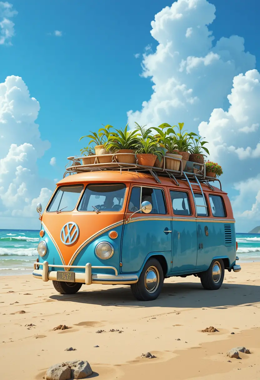 Colorful camper van parked on a sunny sandy beach