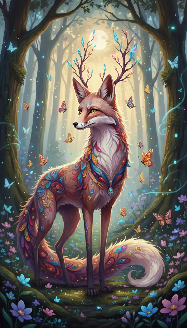 Volpe rosa mitica in una magica foresta di lucciole