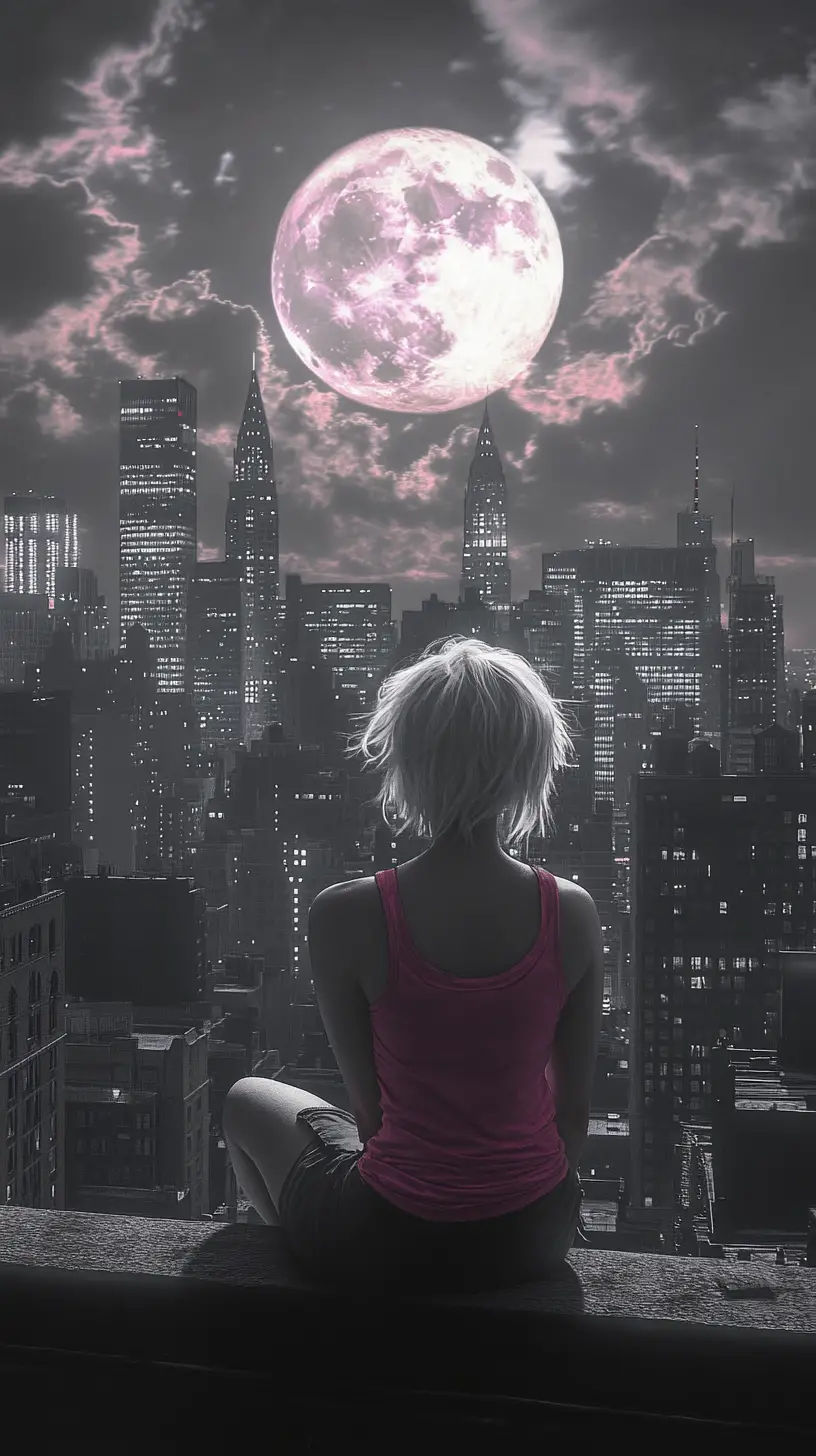 Young woman on city rooftop under glowing full moon