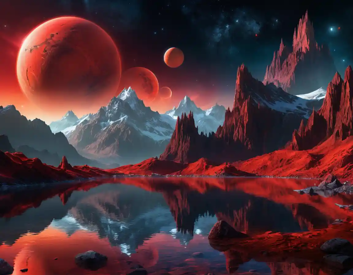 Glowing red planet above spiky mountains and still lake