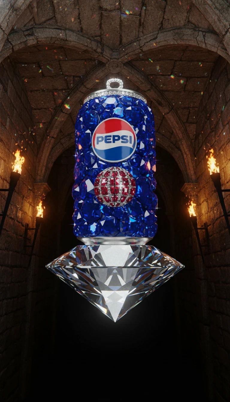 A bejeweled Pepsi can pendant with blue gems and a large diamond base, suspended in a torch-lit medieval stone hall with arches.