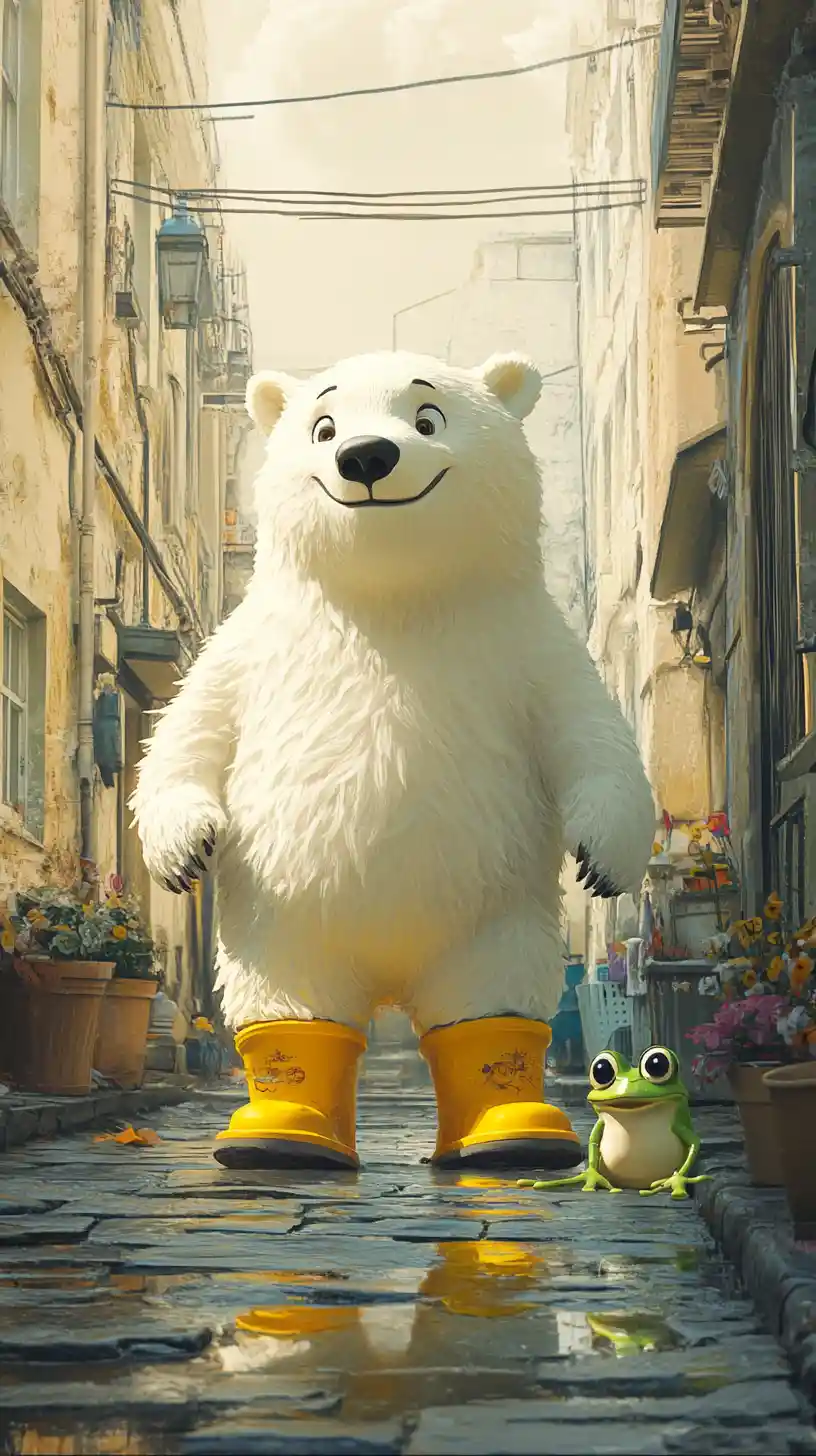 Eisbär in gelben Stiefeln auf einer sonnigen europäischen Straße