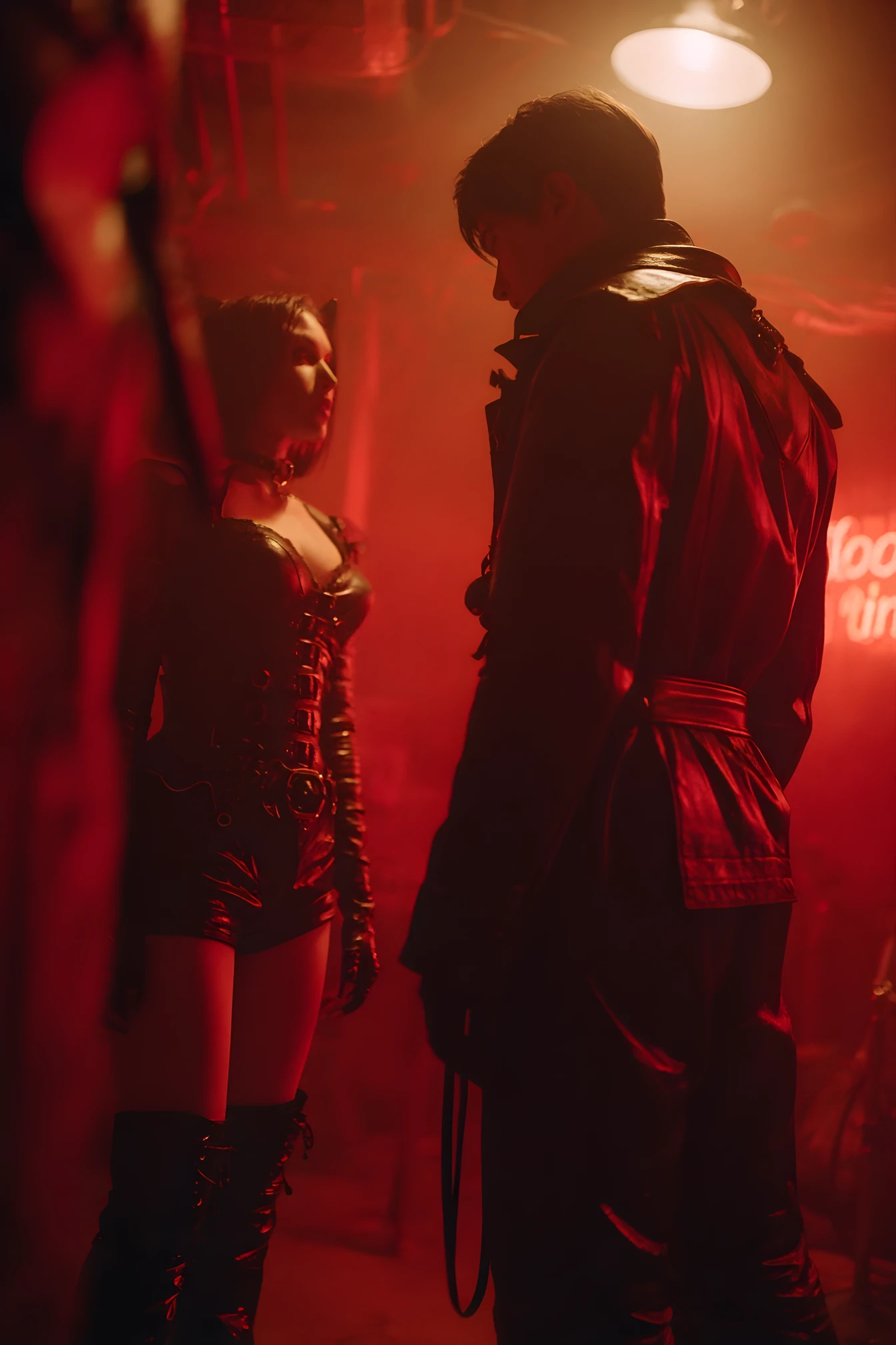 Sinister woman in leather emerging in a dark dungeon