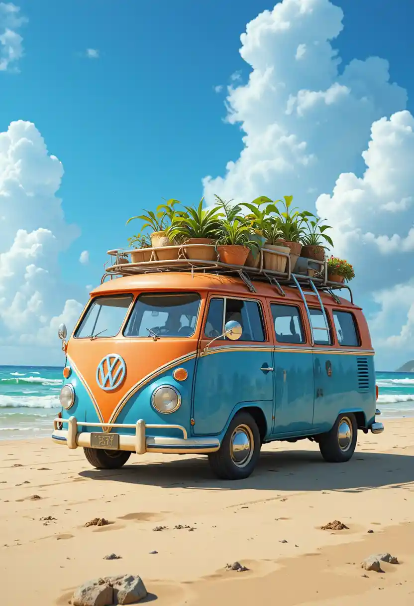 Colorato van camper parcheggiato su una soleggiata spiaggia di sabbia
