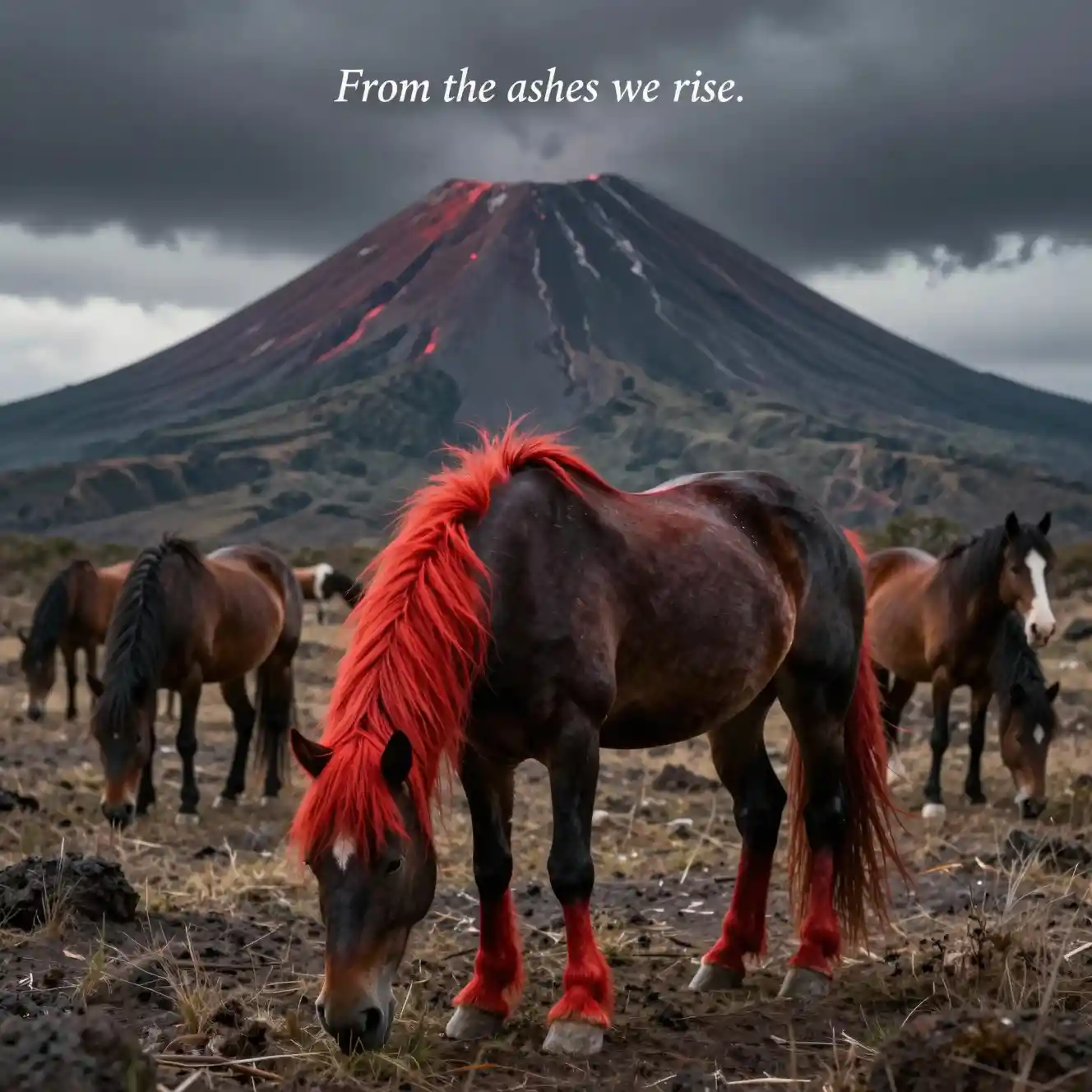 Black horses grazing around a vast dormant volcano