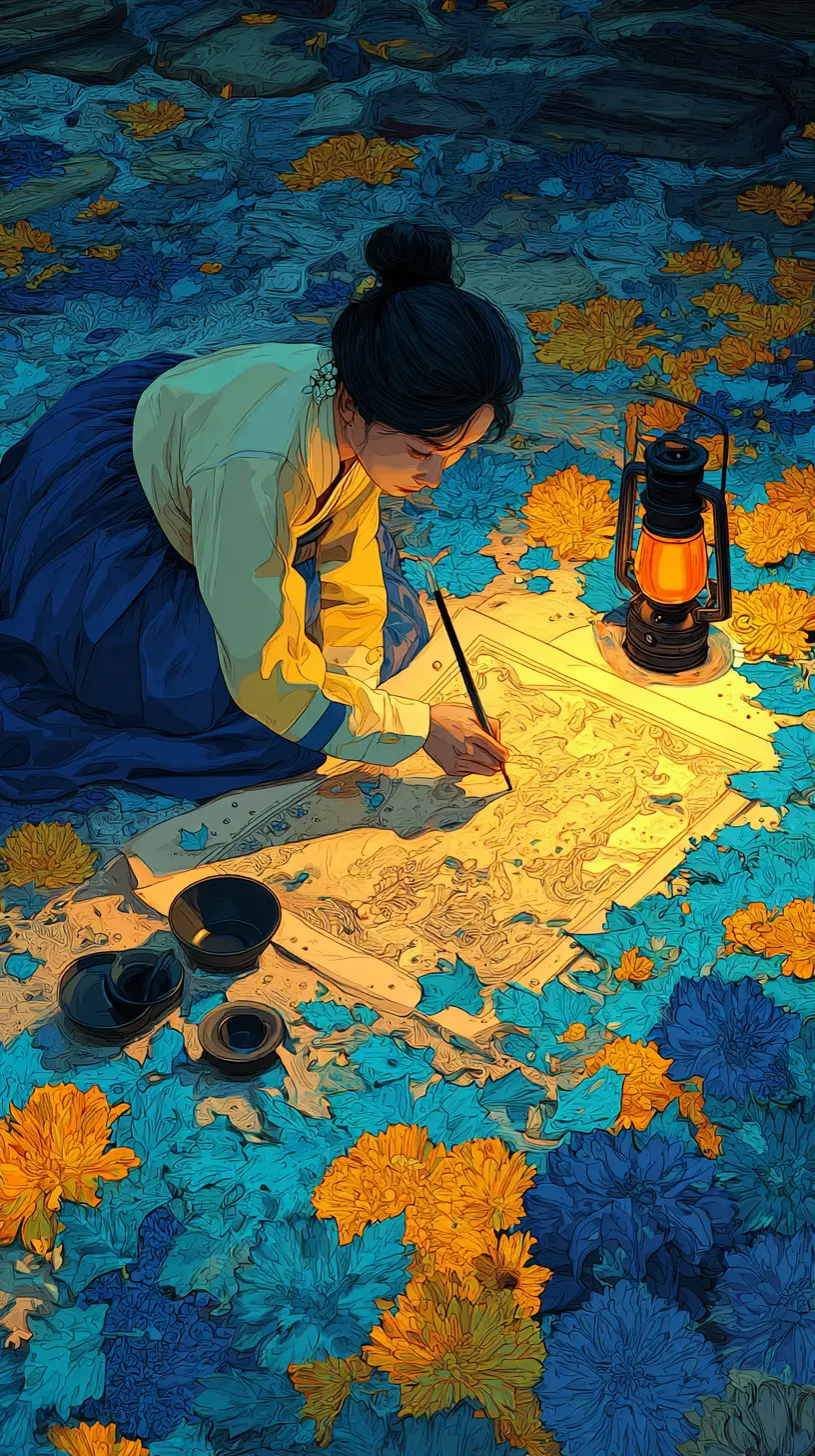 Young woman painting on glowing canvas among flowers