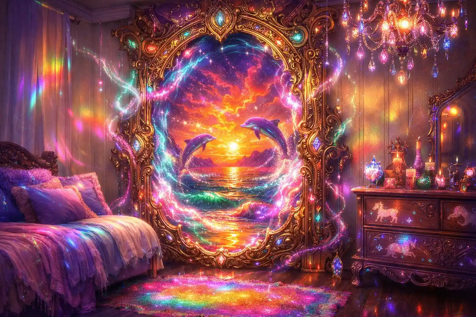 Camera da letto boho con portale magico luminoso nell’armadio