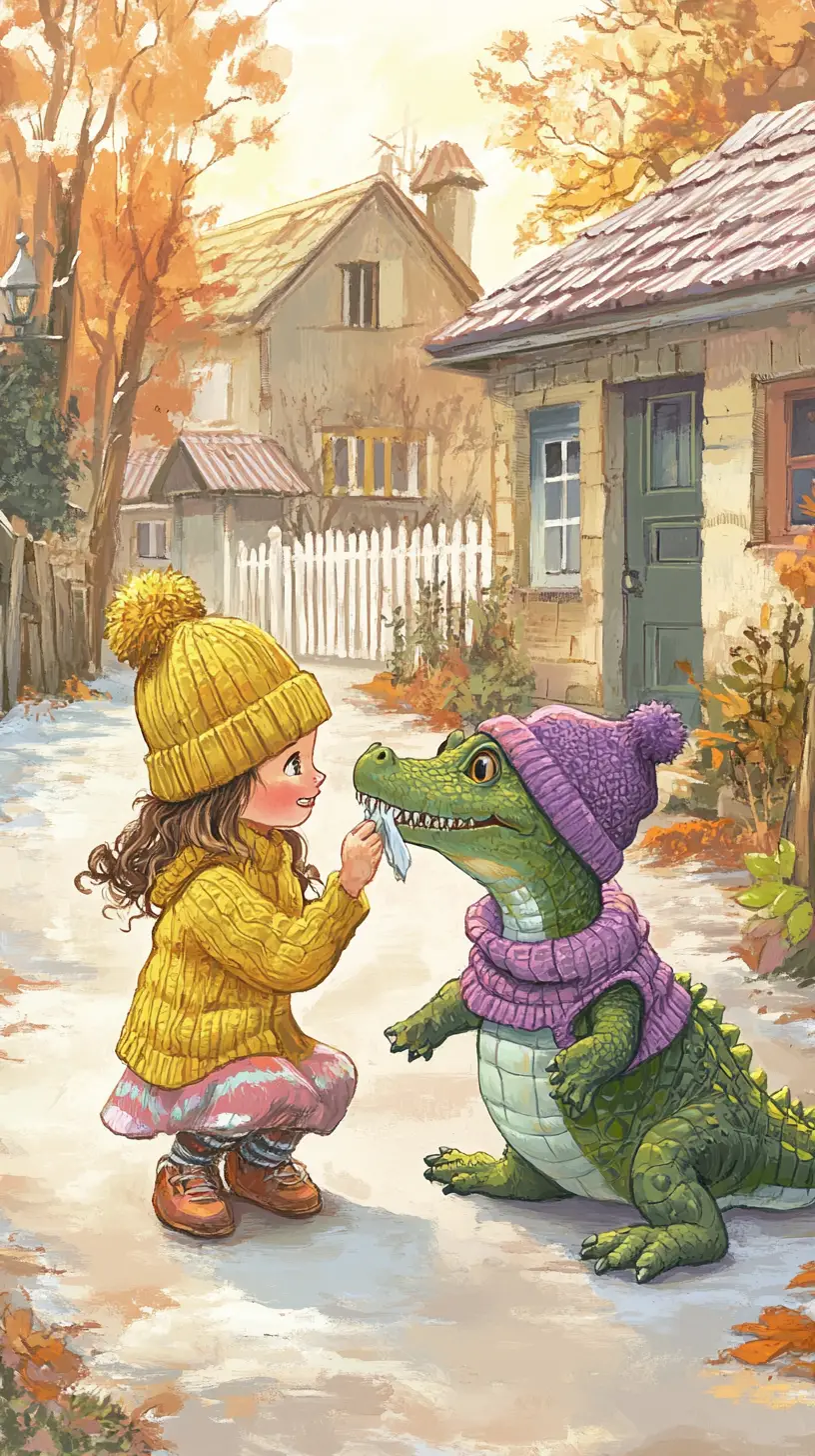 Girl Sharing Cloth With Friendly Crocodile In Courtyard