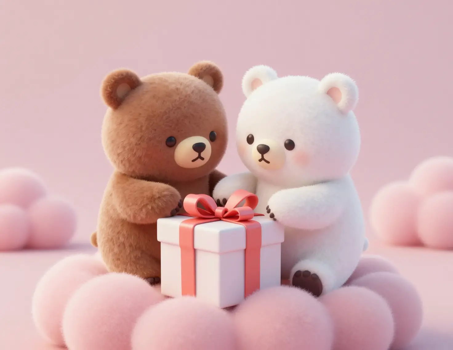 Cute brown and white bears opening a present on clouds