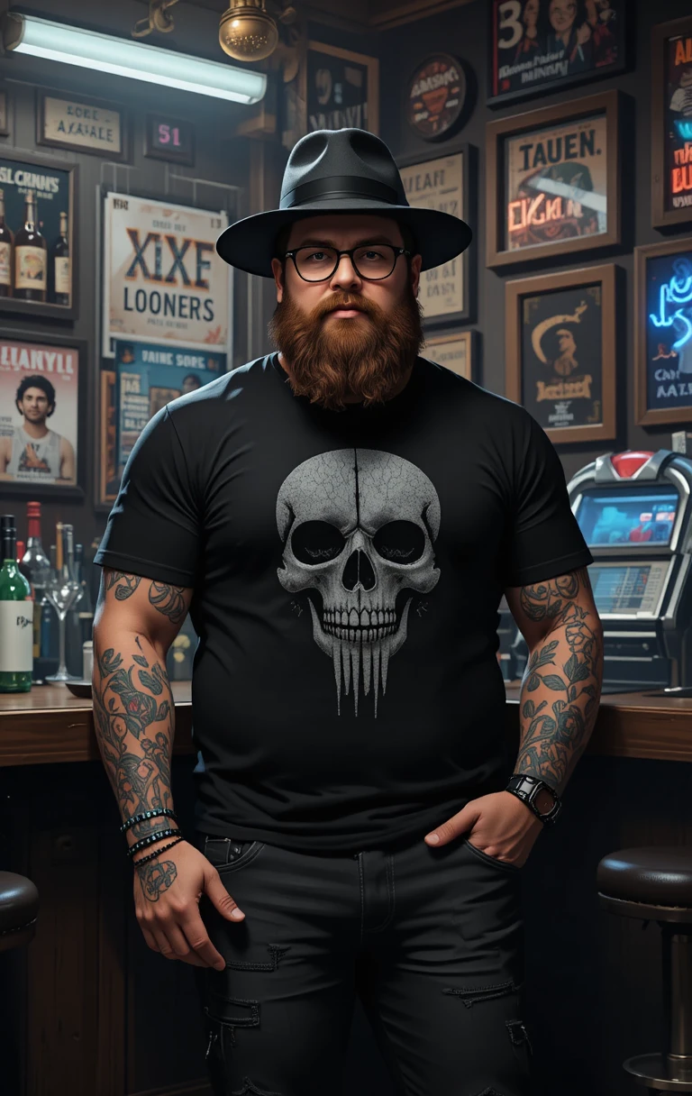 Bärtiger Mann mit schwarzem Fedora in düsterer Bar