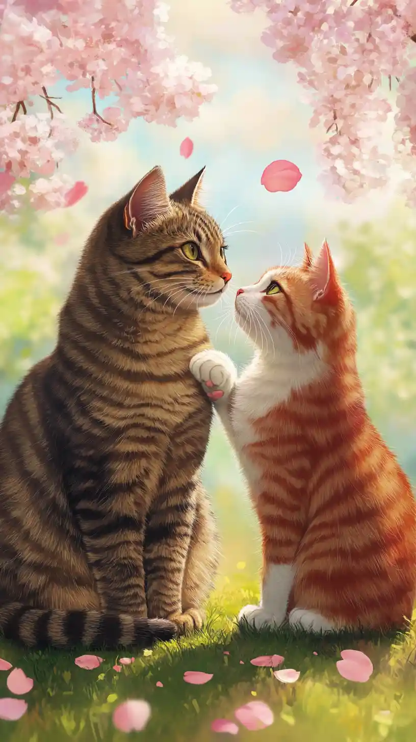 Two cats resting under blooming cherry blossoms