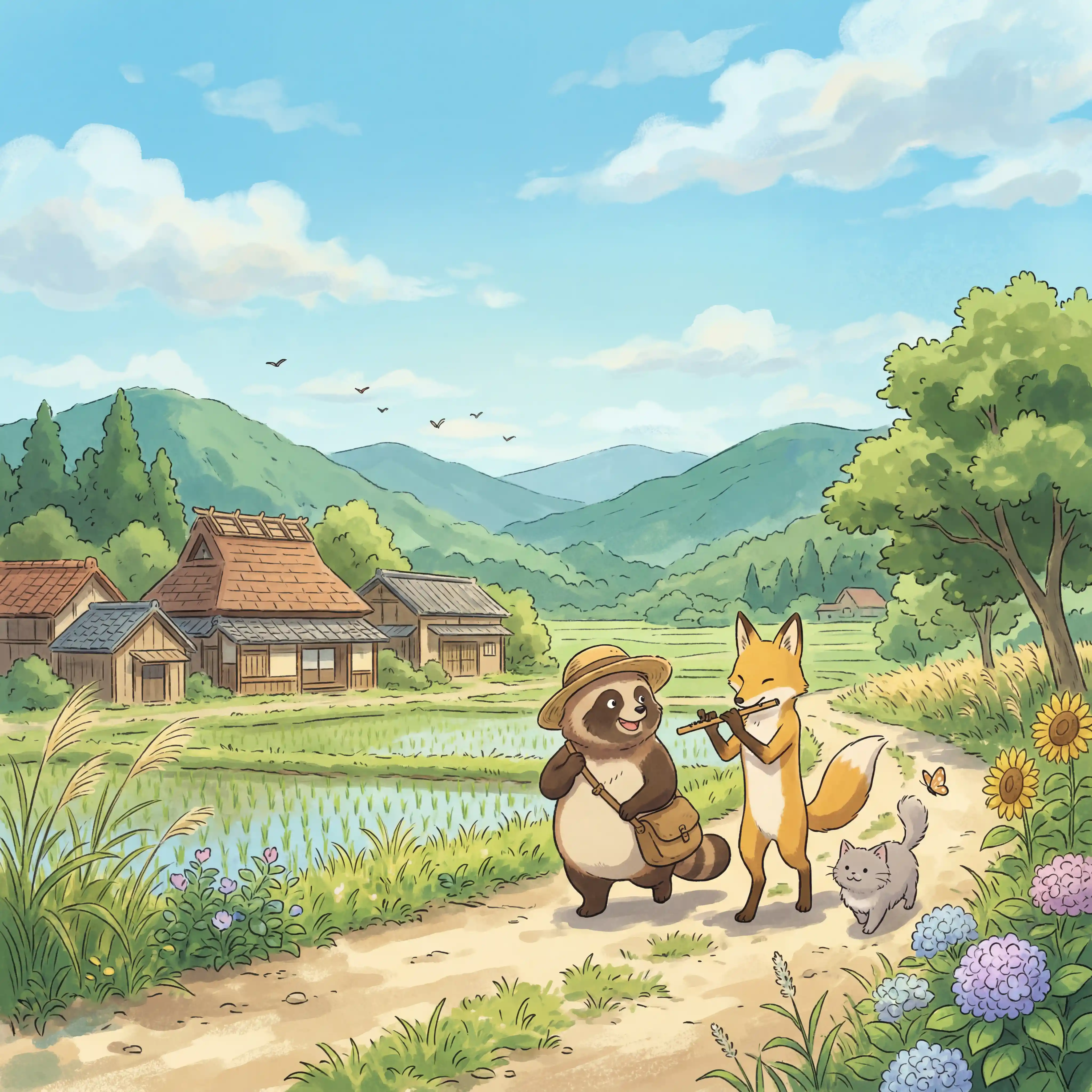Cute illustration of a tanuki, a fox playing a flute, and a cat walking through a rural village.